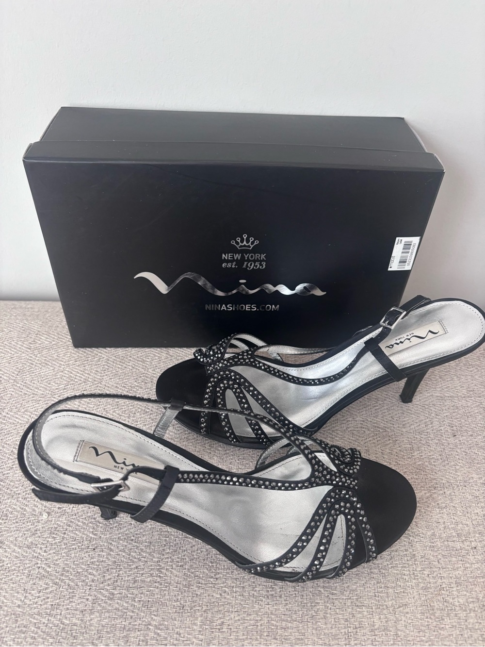 Nina Black Embellished Strappy Sandals - Size 9.5 - 2 inch heel - Picture 2 of 5